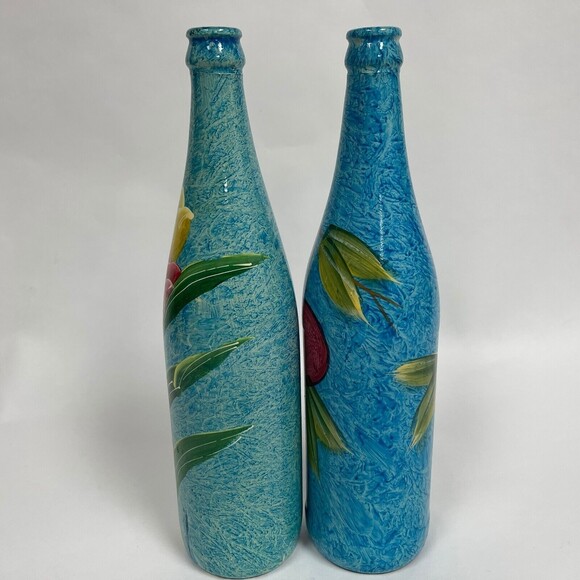 Painted Glass Bottles Floral Fruits Blue 11 1/2" Tall Lot of 2 - Picture 2 of 6